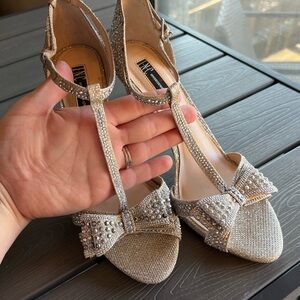INC International Concepts Silver Crystal Bow T-Strap Heels